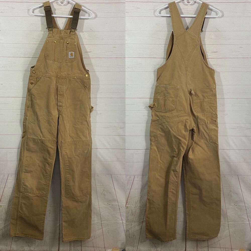 Vtg Carhartt Double Knee Canvas Overalls Size 34 Tan/Brown Cotton USA Made